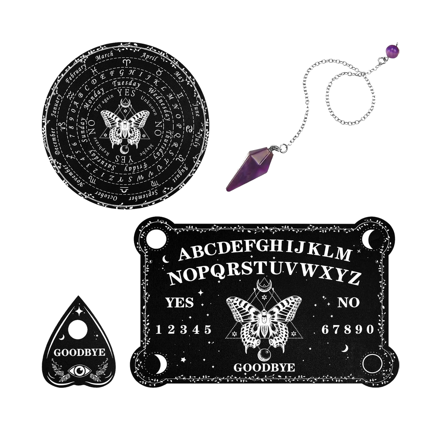 Pendulum Dowsing Divination Board with Amethyst Set Wooden Spirit Talking Board Metaphysical Message Crystal Pendulum Necklace with Planchette for Wiccan Supply(Butterfly Style)