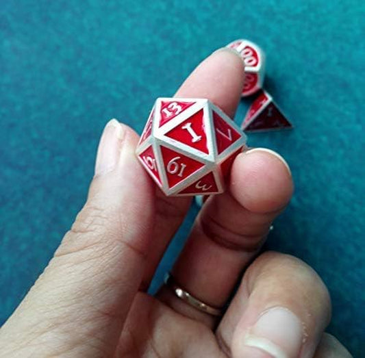 DND Polyhedral Metal Game Dice Silver and Red 7Pc Set for Dungeons and Dragons DND RPG MTG Table Games D&D Pathfinder Shadowrun and Math Teaching