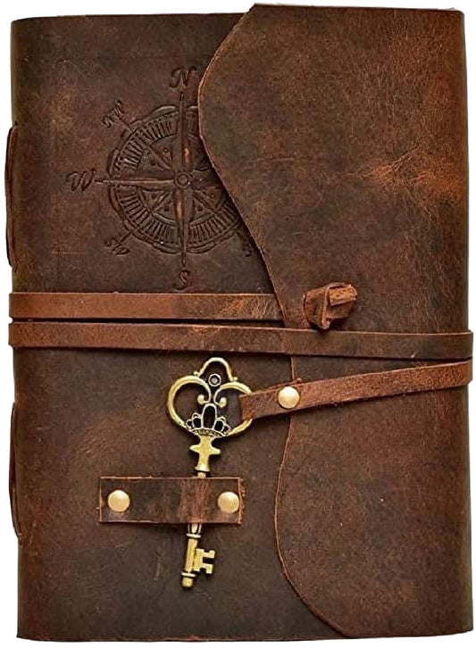 Antique Handmade Compass Vintage Leather Journal - Bound Journal with Deckle Edge Paper Diary - Leather Sketchbook - Drawing Journal Notebook - Great Gift Men and Women (6X8 Inch) (Background Removed)