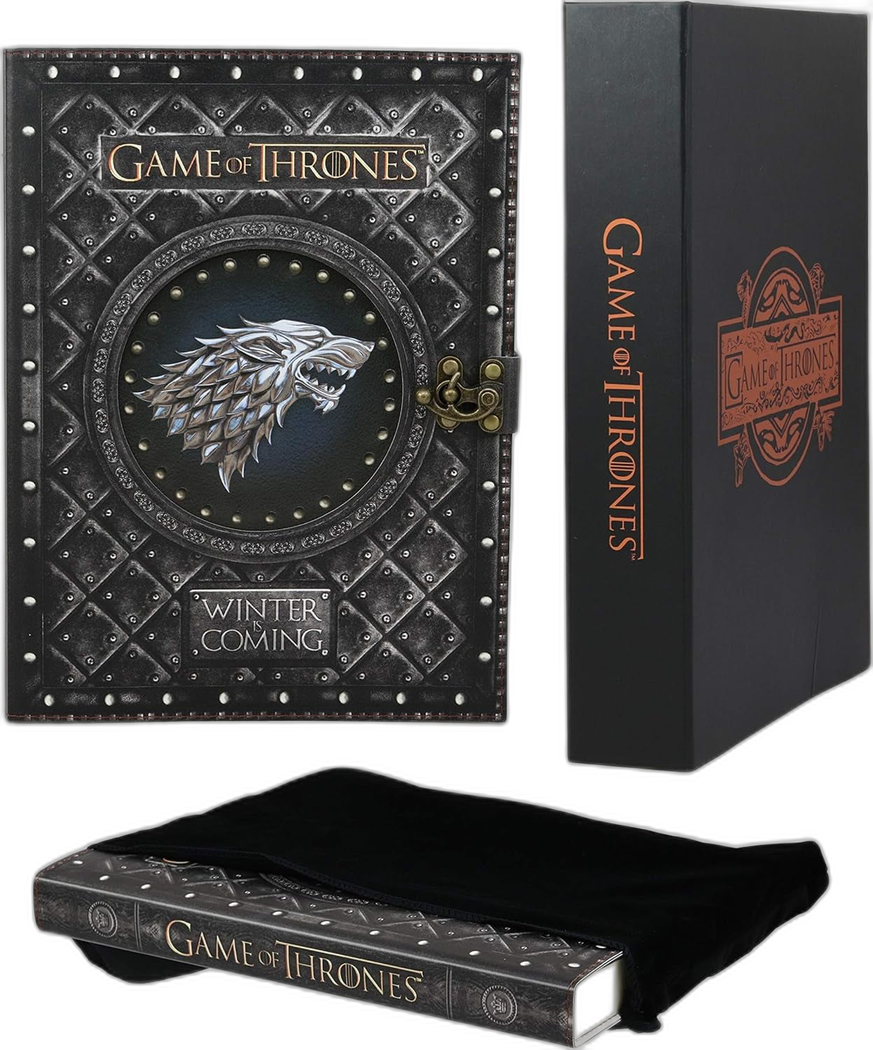 Ebros Game of Thrones House of Stark Direwolf Sigil Winter Is Coming Embossed Large Blank Page Journal with Metal Clasp 7"X10" Official GOT Book with Velvet Pouch and Gift Box Set