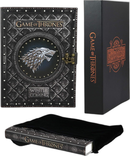 Ebros Game of Thrones House of Stark Direwolf Sigil Winter Is Coming Embossed Large Blank Page Journal with Metal Clasp 7"X10" Official GOT Book with Velvet Pouch and Gift Box Set