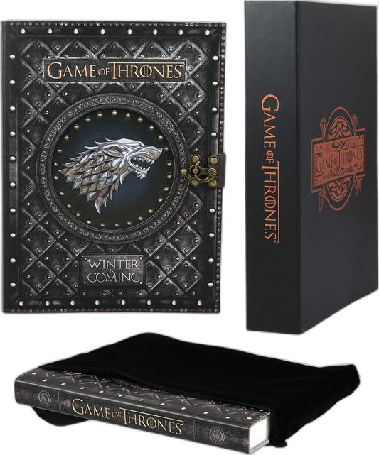 Ebros Game of Thrones House of Stark Direwolf Sigil Winter Is Coming Embossed Large Blank Page Journal with Metal Clasp 7"X10" Official GOT Book with Velvet Pouch and Gift Box Set