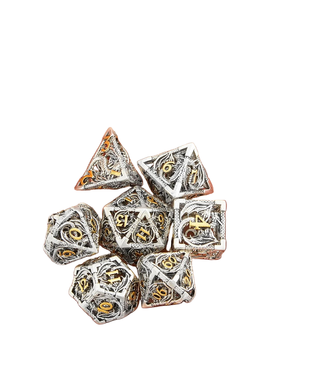 Hollow Metal DND Game Dice Dragon Shape Carved Silver and Gold Number 7Pcs Set for Dungeons and Dragons RPG MTG Table Games D&D Pathfinder Shadowrun and Math Teaching (With Metal Case) ?-