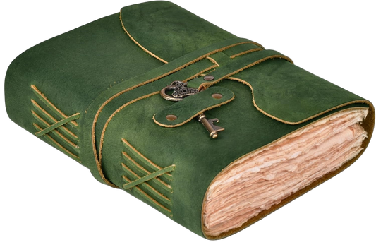 Vintage Leather Journal – 200 Handmade Vintage Deckle Edge Paper – Leather Bound Journal for Women Men – Vintage Key Closure - Book of Shadows - Green - 8X6 Inches (A5)