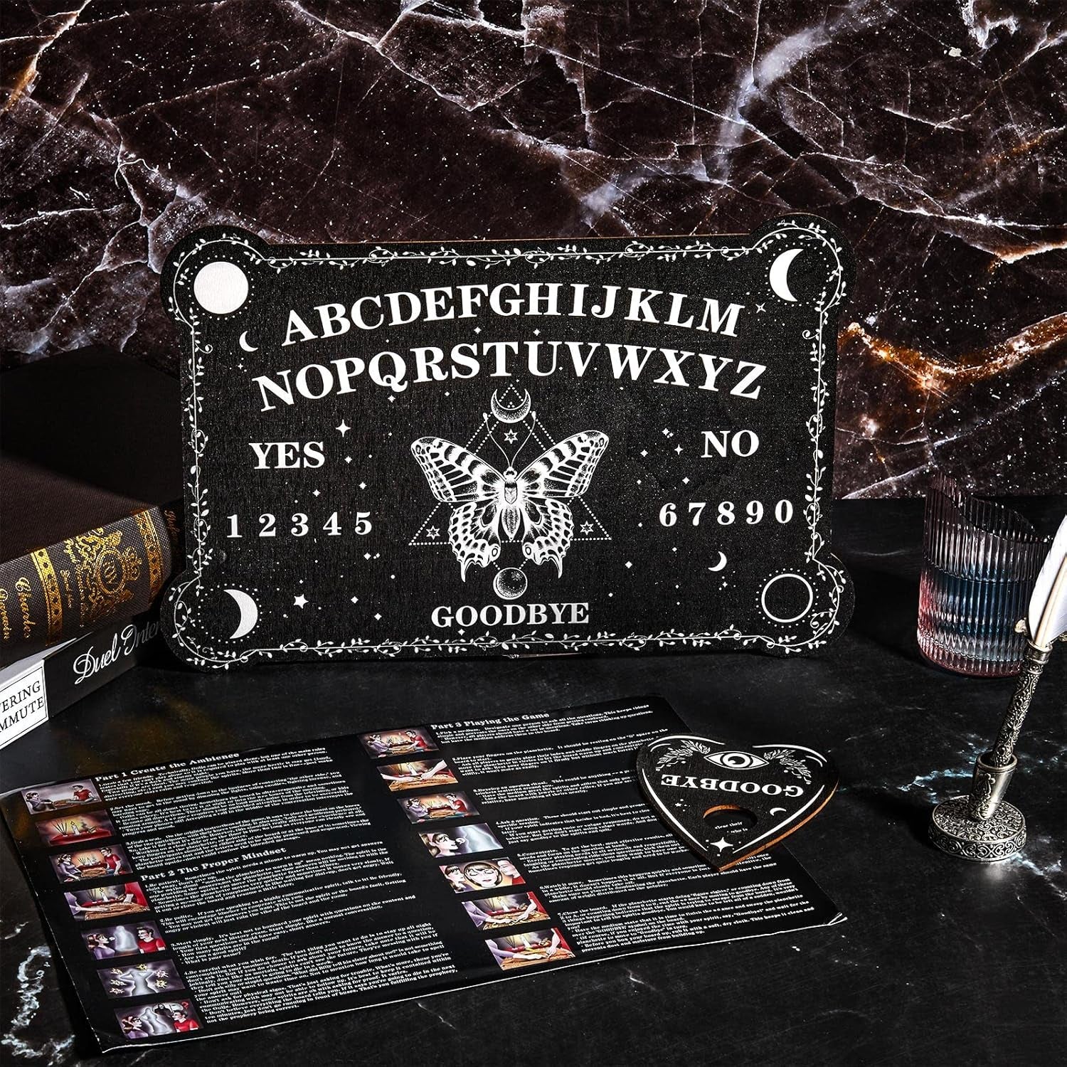 Pendulum Dowsing Divination Board with Amethyst Set Wooden Spirit Talking Board Metaphysical Message Crystal Pendulum Necklace with Planchette for Wiccan Supply(Butterfly Style)