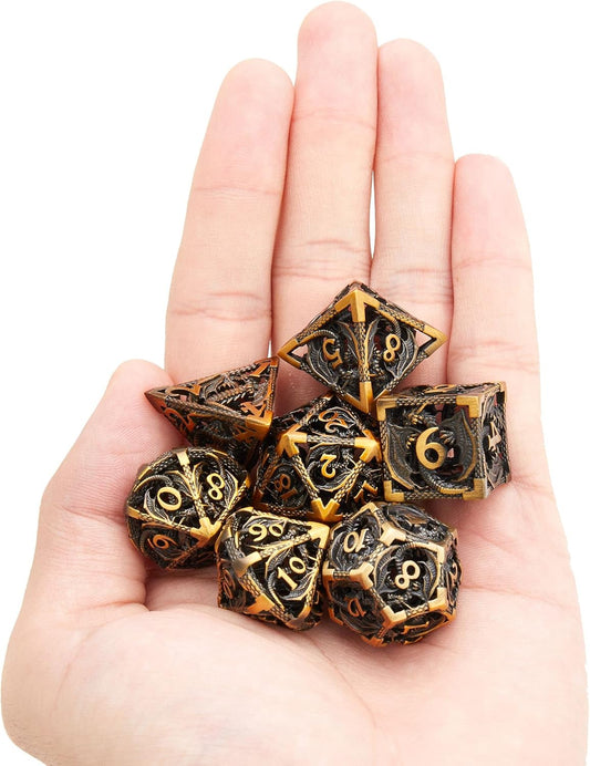 Hollow Metal DND Game Dice Dragon Shape Carved Antique Gold 7Pcs Set for Dungeons and Dragons RPG MTG Table Games D&D Pathfinder Shadowrun and Math Teaching (With Metal Case)