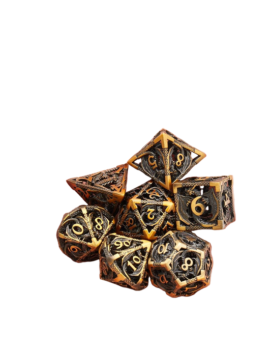 Hollow Metal DND Game Dice Dragon Shape Carved Antique Gold 7Pcs Set for Dungeons and Dragons RPG MTG Table Games D&D Pathfinder Shadowrun and Math Teaching (With Metal Case)