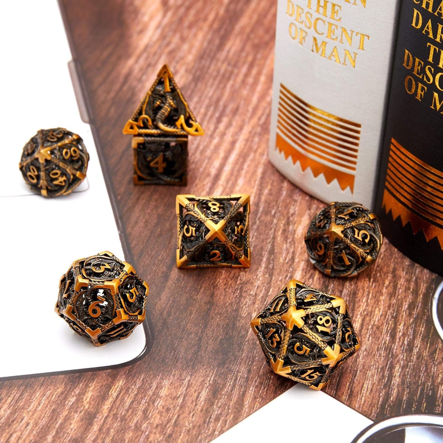Hollow Metal DND Game Dice Dragon Shape Carved Antique Gold 7Pcs Set for Dungeons and Dragons RPG MTG Table Games D&D Pathfinder Shadowrun and Math Teaching (With Metal Case)