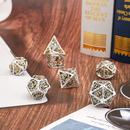 Hollow Metal DND Game Dice Dragon Shape Carved Silver and Gold Number 7Pcs Set for Dungeons and Dragons RPG MTG Table Games D&D Pathfinder Shadowrun and Math Teaching (With Metal Case) ?-