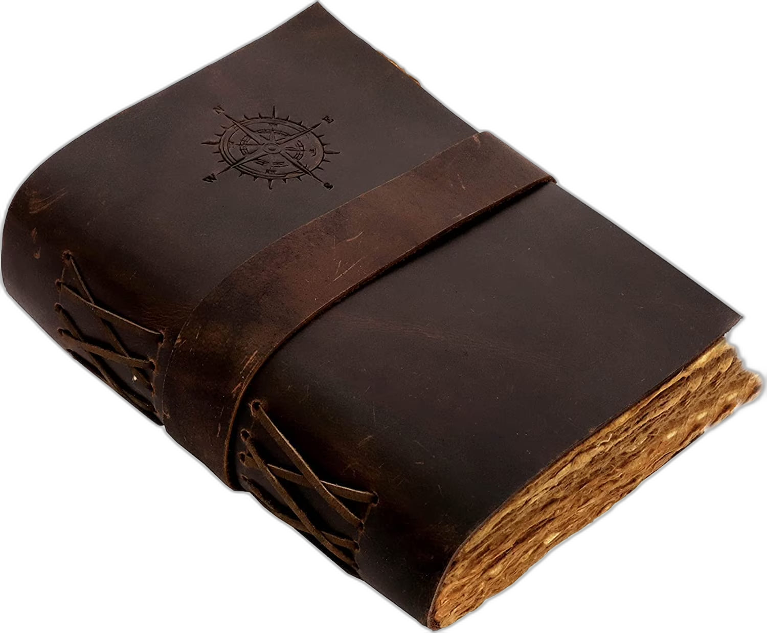 Compass Vintage Leather Journal with Lock and Deckle Paper, 11" X 8" X 15", 240 Pages