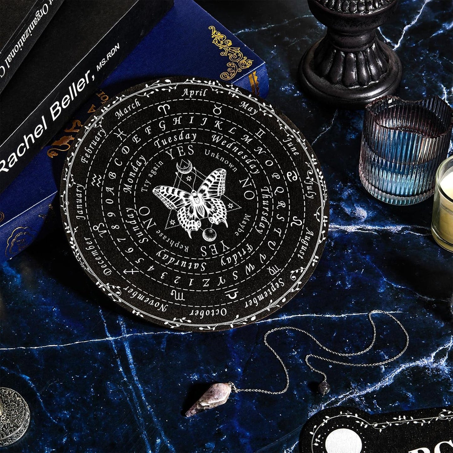 Pendulum Dowsing Divination Board with Amethyst Set Wooden Spirit Talking Board Metaphysical Message Crystal Pendulum Necklace with Planchette for Wiccan Supply(Butterfly Style)