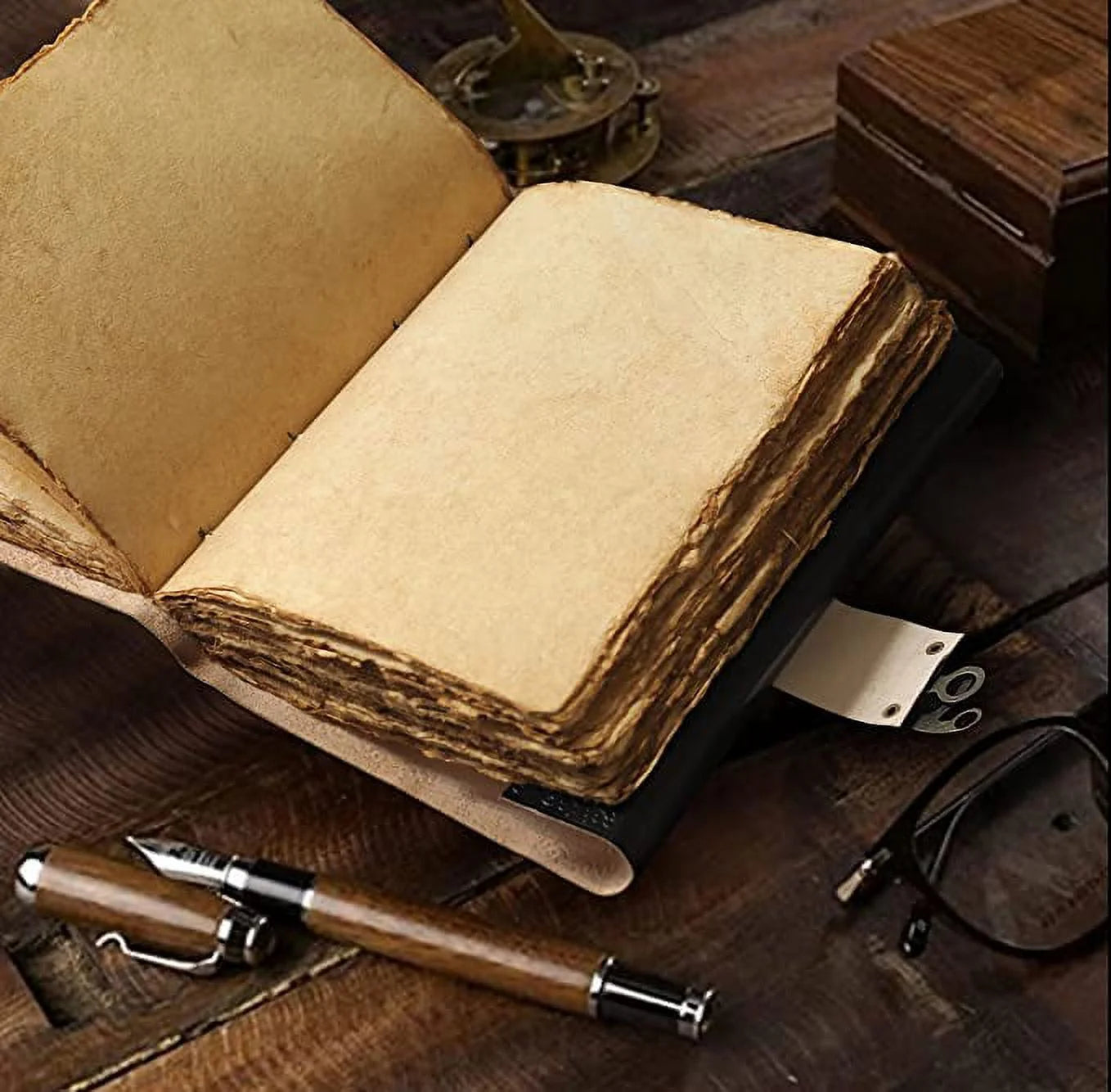 Antique Handmade Compass Vintage Leather Journal - Bound Journal with Deckle Edge Paper Diary - Leather Sketchbook - Drawing Journal Notebook - Great Gift Men and Women (6X8 Inch)