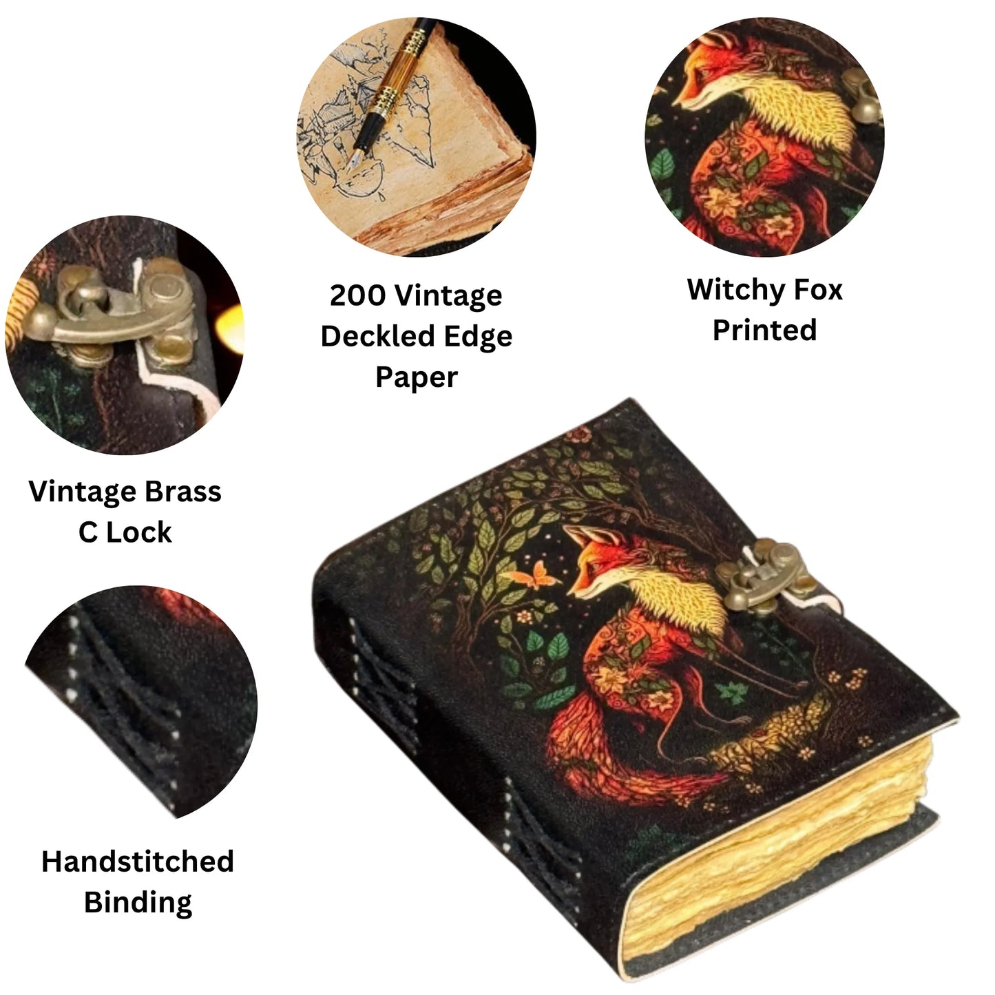 Fox Leather Journal Blank Spell Book of Shadows Witchcraft Supplies Wiccan Notebook Handmade Daily Notepads Grimoire Journal Vintage Journal Sketchbook Witchy Gifts Women Best Gift for Artist ,Writer