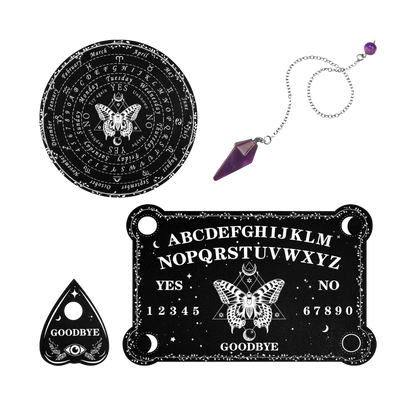 Pendulum Dowsing Divination Board with Amethyst Set Wooden Spirit Talking Board Metaphysical Message Crystal Pendulum Necklace with Planchette for Wiccan Supply(Butterfly Style)