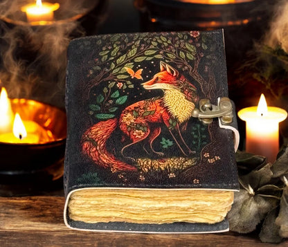 Fox Leather Journal Blank Spell Book of Shadows Witchcraft Supplies Wiccan Notebook Handmade Daily Notepads Grimoire Journal Vintage Journal Sketchbook Witchy Gifts Women Best Gift for Artist ,Writer