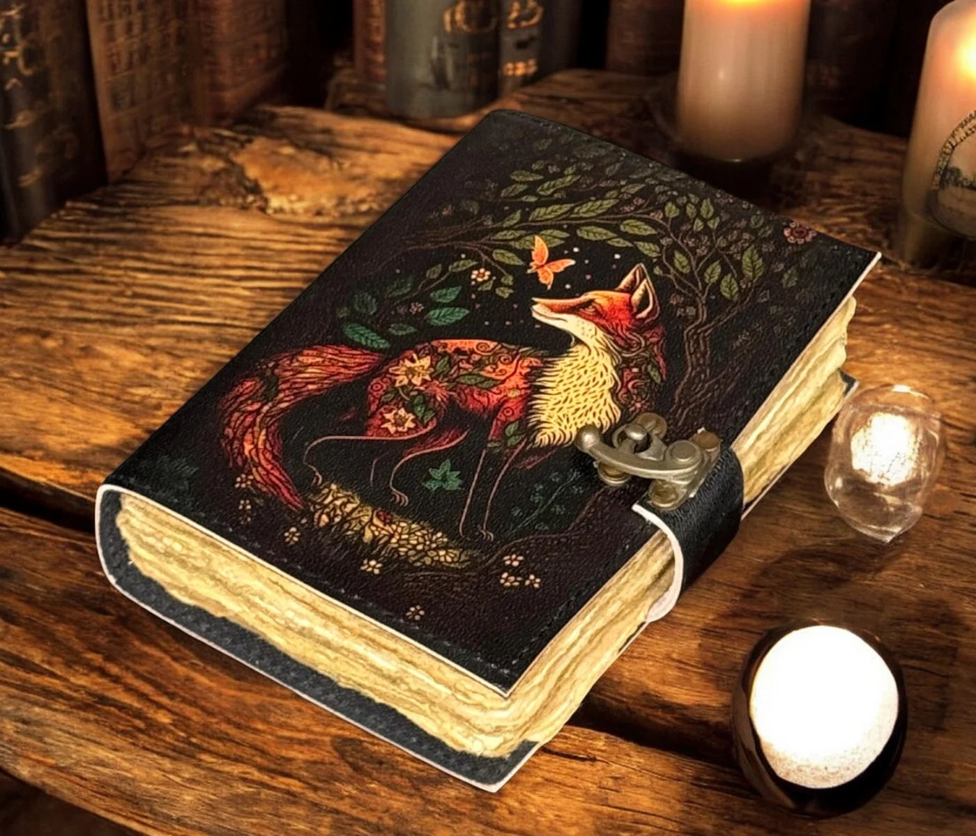Fox Leather Journal Blank Spell Book of Shadows Witchcraft Supplies Wiccan Notebook Handmade Daily Notepads Grimoire Journal Vintage Journal Sketchbook Witchy Gifts Women Best Gift for Artist ,Writer