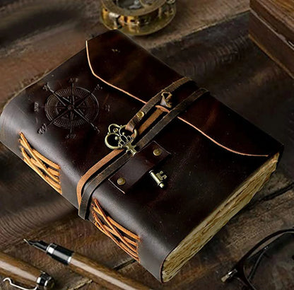 Antique Handmade Compass Vintage Leather Journal - Bound Journal with Deckle Edge Paper Diary - Leather Sketchbook - Drawing Journal Notebook - Great Gift Men and Women (6X8 Inch)