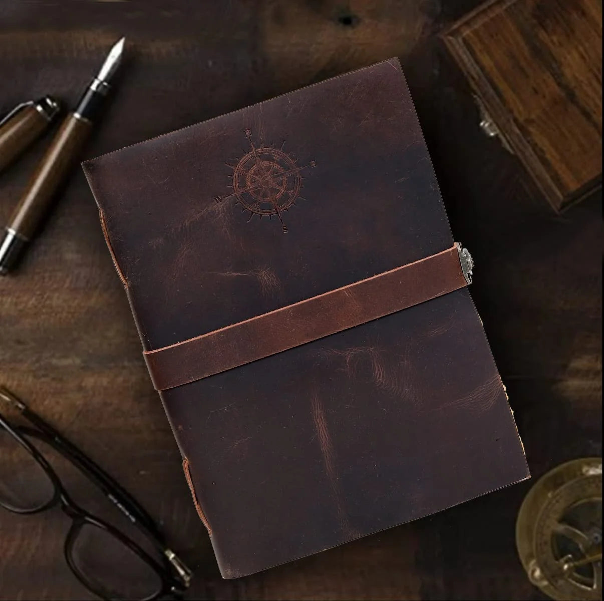 Compass Vintage Leather Journal with Lock and Deckle Paper, 11" X 8" X 15", 240 Pages