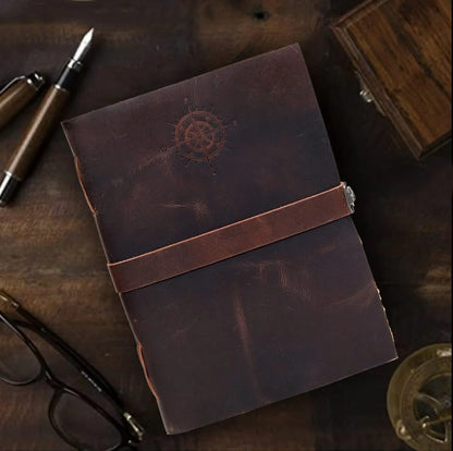 Compass Vintage Leather Journal with Lock and Deckle Paper, 11" X 8" X 15", 240 Pages