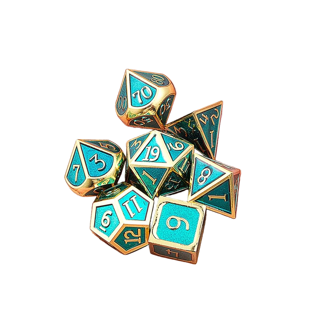 DND Polyhedral Metal Game Dice Gold and Ice Blue 7Pc Set Dungeons Dragons DND RPG MTG Table Games D&D Pathfinder Shadowrun Math Teaching