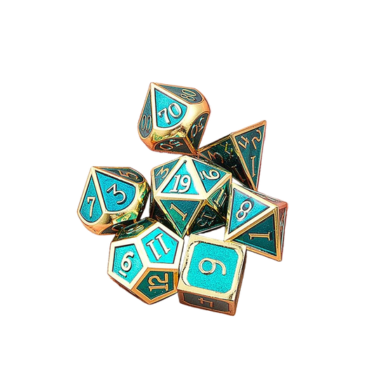 DND Polyhedral Metal Game Dice Gold and Ice Blue 7Pc Set Dungeons Dragons DND RPG MTG Table Games D&D Pathfinder Shadowrun Math Teaching