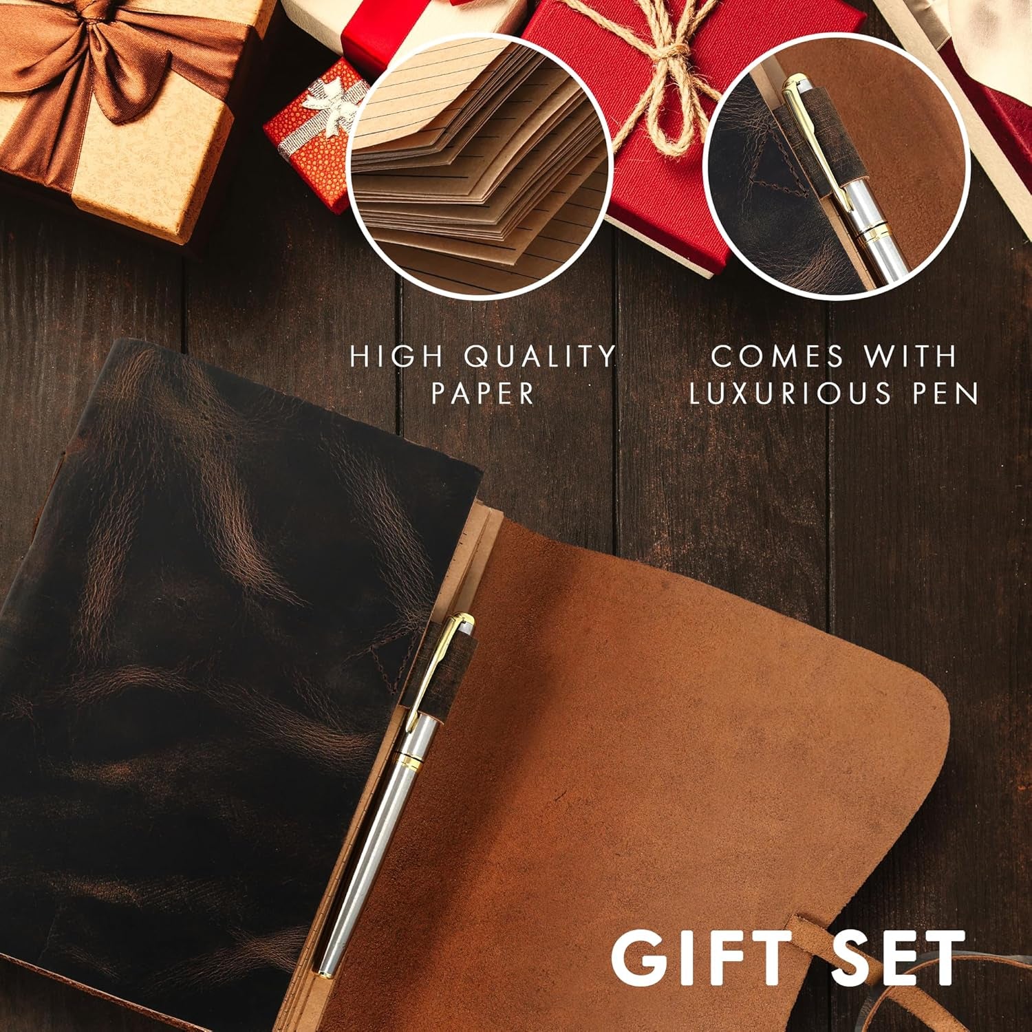 Leather Journal Notebook Leather Bound Journal for Men - 7X9 Refillable Leather Journal with Lined Pages - Writing Journals for Women - Large Travel Journal Diary Pen Gift Set