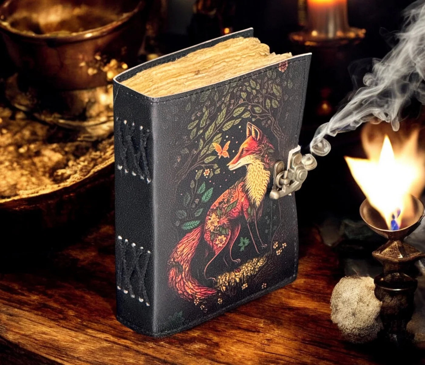 Fox Leather Journal Blank Spell Book of Shadows Witchcraft Supplies Wiccan Notebook Handmade Daily Notepads Grimoire Journal Vintage Journal Sketchbook Witchy Gifts Women Best Gift for Artist ,Writer