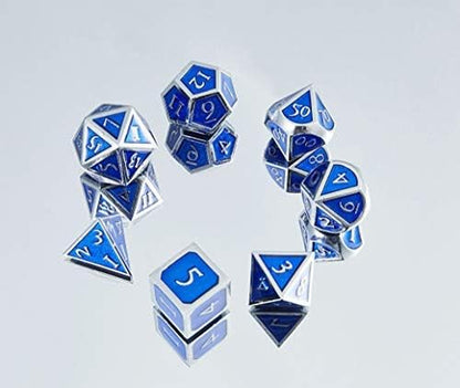 DND Polyhedral Metal Game Dice Silver and Blue 7Pc Set for Dungeons and Dragons DND RPG MTG Table Games D&D Pathfinder Shadowrun and Math Teaching