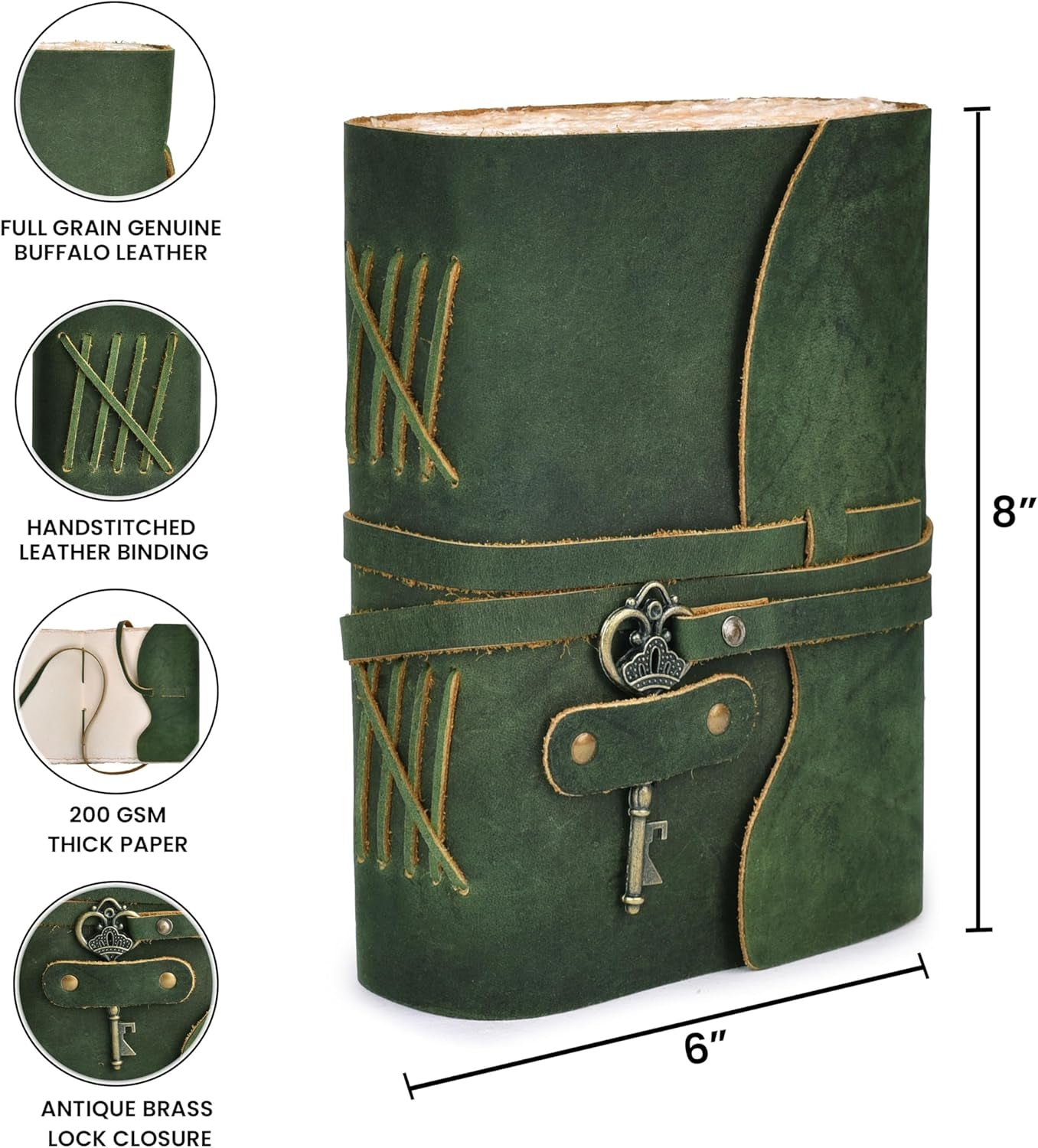 Vintage Leather Journal – 200 Handmade Vintage Deckle Edge Paper – Leather Bound Journal for Women Men – Vintage Key Closure - Book of Shadows - Green - 8X6 Inches (A5)