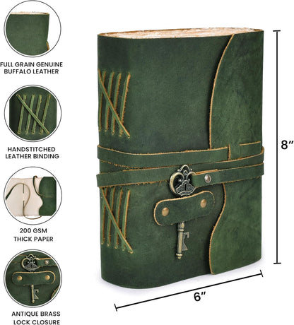 Vintage Leather Journal – 200 Handmade Vintage Deckle Edge Paper – Leather Bound Journal for Women Men – Vintage Key Closure - Book of Shadows - Green - 8X6 Inches (A5)