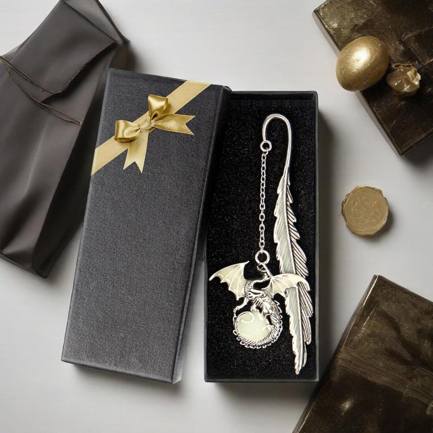 Vintage Feather Dragon Metal Bookmark, Glow in the Dark Dragon Gift, Fantasy Boo