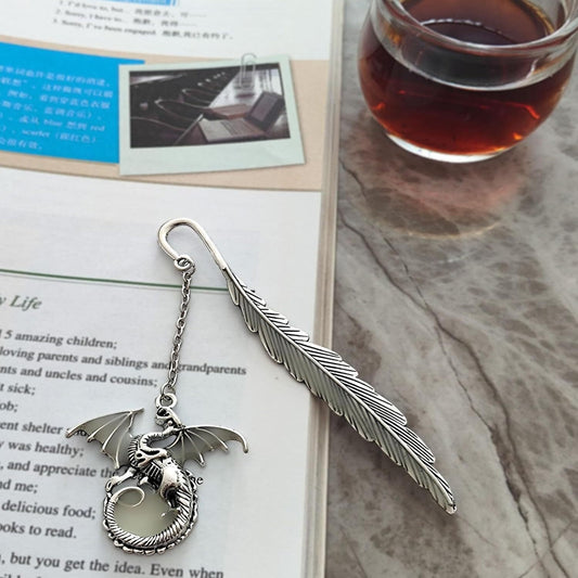Vintage Feather Dragon Metal Bookmark, Glow in the Dark Dragon Gift, Fantasy Boo