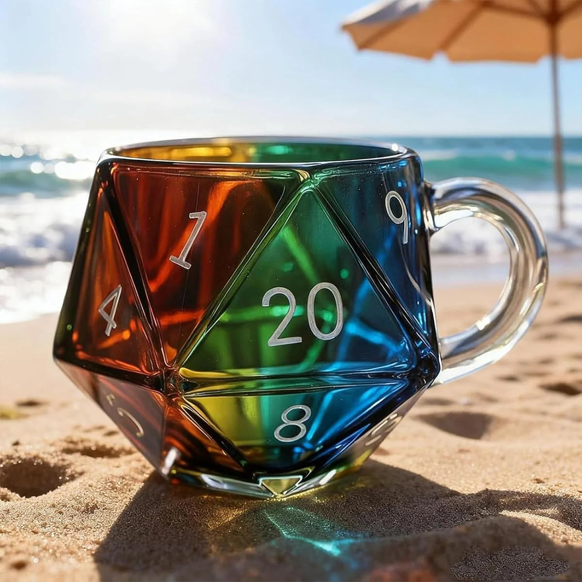 Rainbow D20 Dice Mug, Polyhedral Dice Coffee Cup with Handle, Funny Collection Class Coffee Mug, Gift for Game Enthusiasts