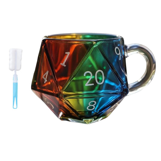 Rainbow D20 Dice Mug, Polyhedral Dice Coffee Cup with Handle, Funny Collection Class Coffee Mug, Gift for Game Enthusiasts (Background Removed)