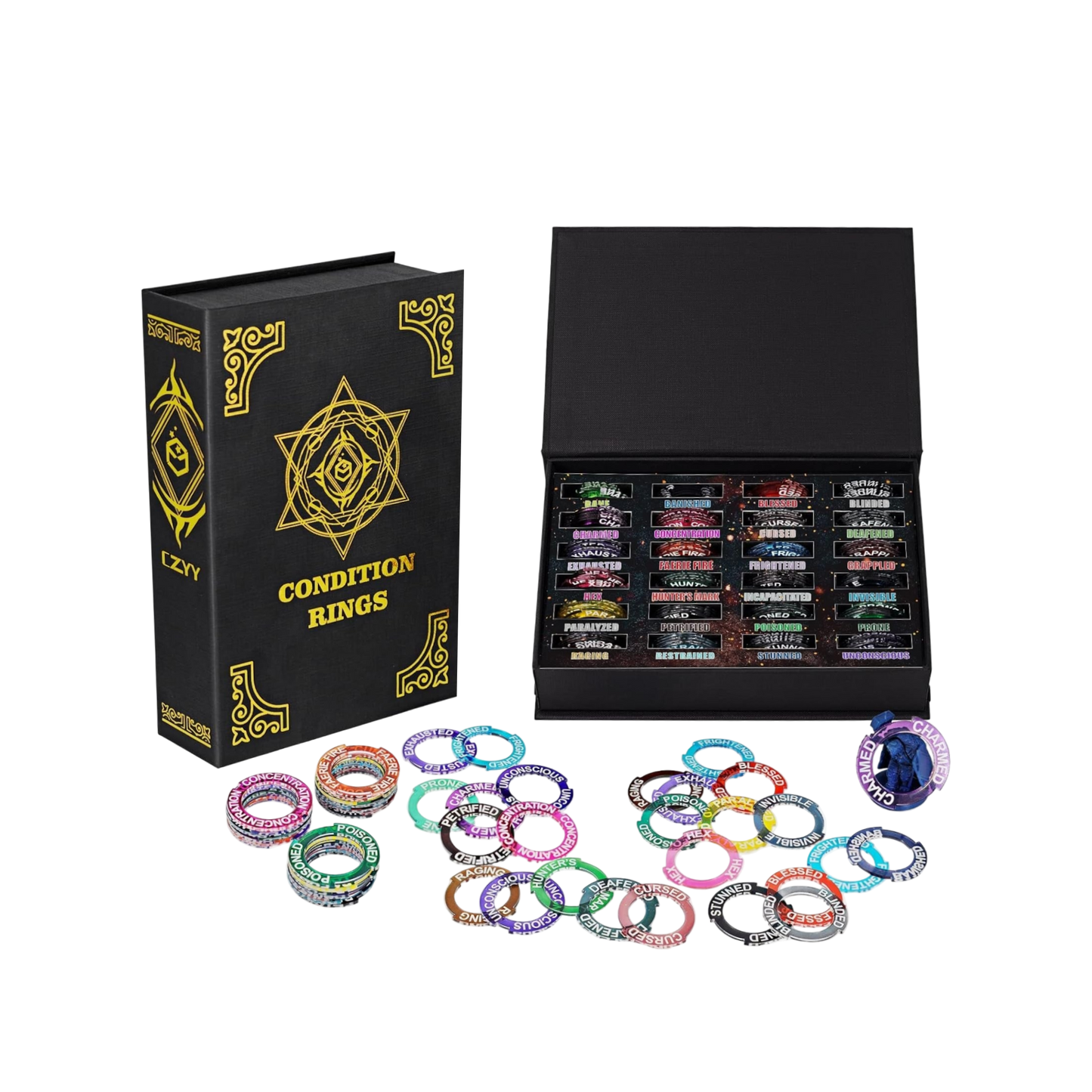 Upgraded Condition Rings 96 PCS Status Effect Markers in 24 Conditions & Spells Magic Book Storage Box Great DM Tool for Dungeons & Dragons, Pathfinder, D&D and RPG Miniatures