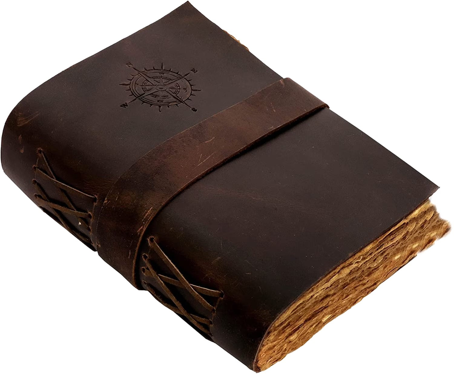 Compass Vintage Leather Journal with Lock and Deckle Paper, 11" X 8" X 15", 240 Pages (Background Removed)