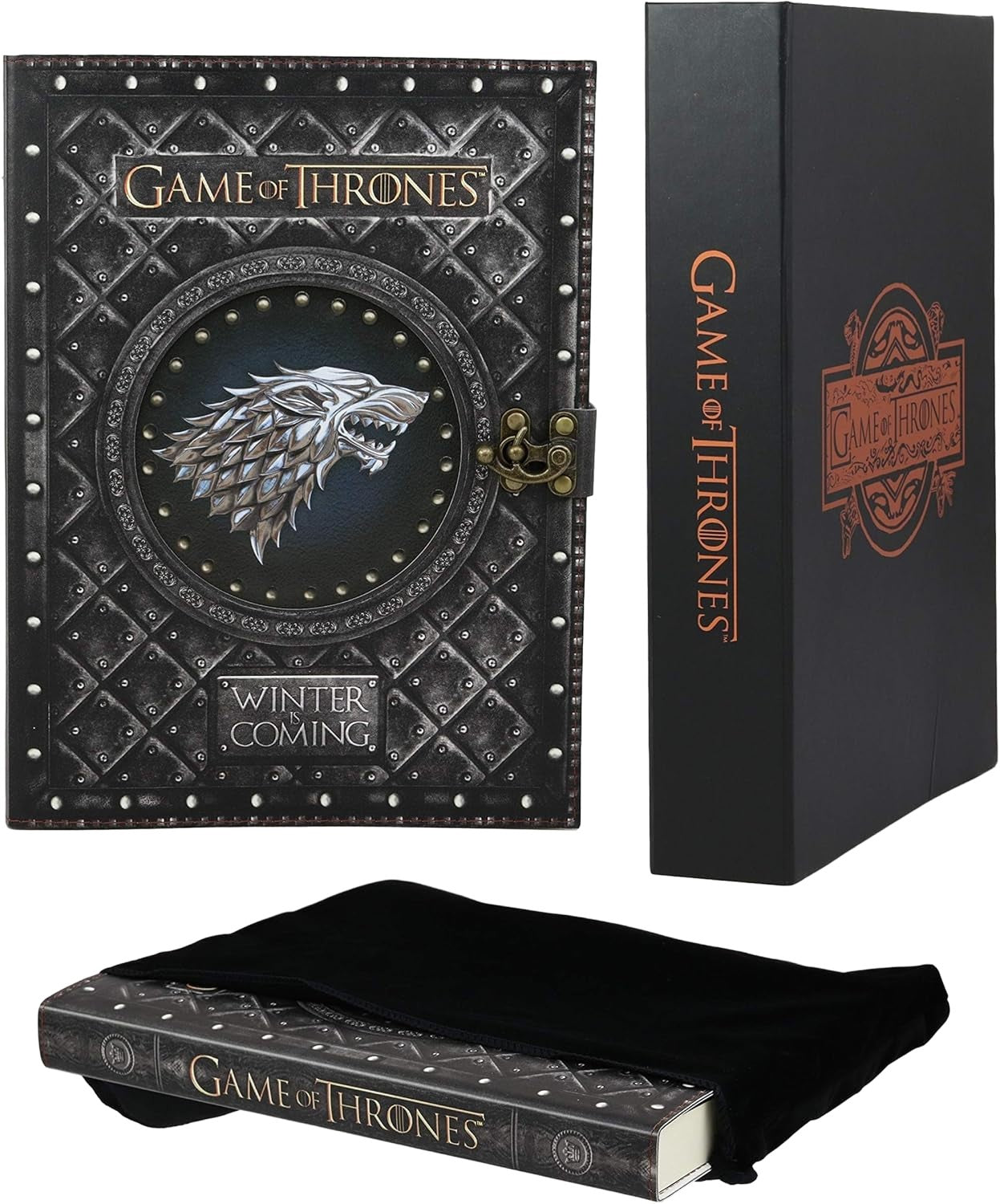 Ebros Game of Thrones House of Stark Direwolf Sigil Winter Is Coming Embossed Large Blank Page Journal with Metal Clasp 7"X10" Official GOT Book with Velvet Pouch and Gift Box Set (Background Removed)
