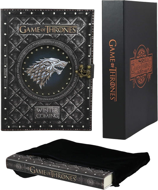 Ebros Game of Thrones House of Stark Direwolf Sigil Winter Is Coming Embossed Large Blank Page Journal with Metal Clasp 7"X10" Official GOT Book with Velvet Pouch and Gift Box Set (Background Removed)
