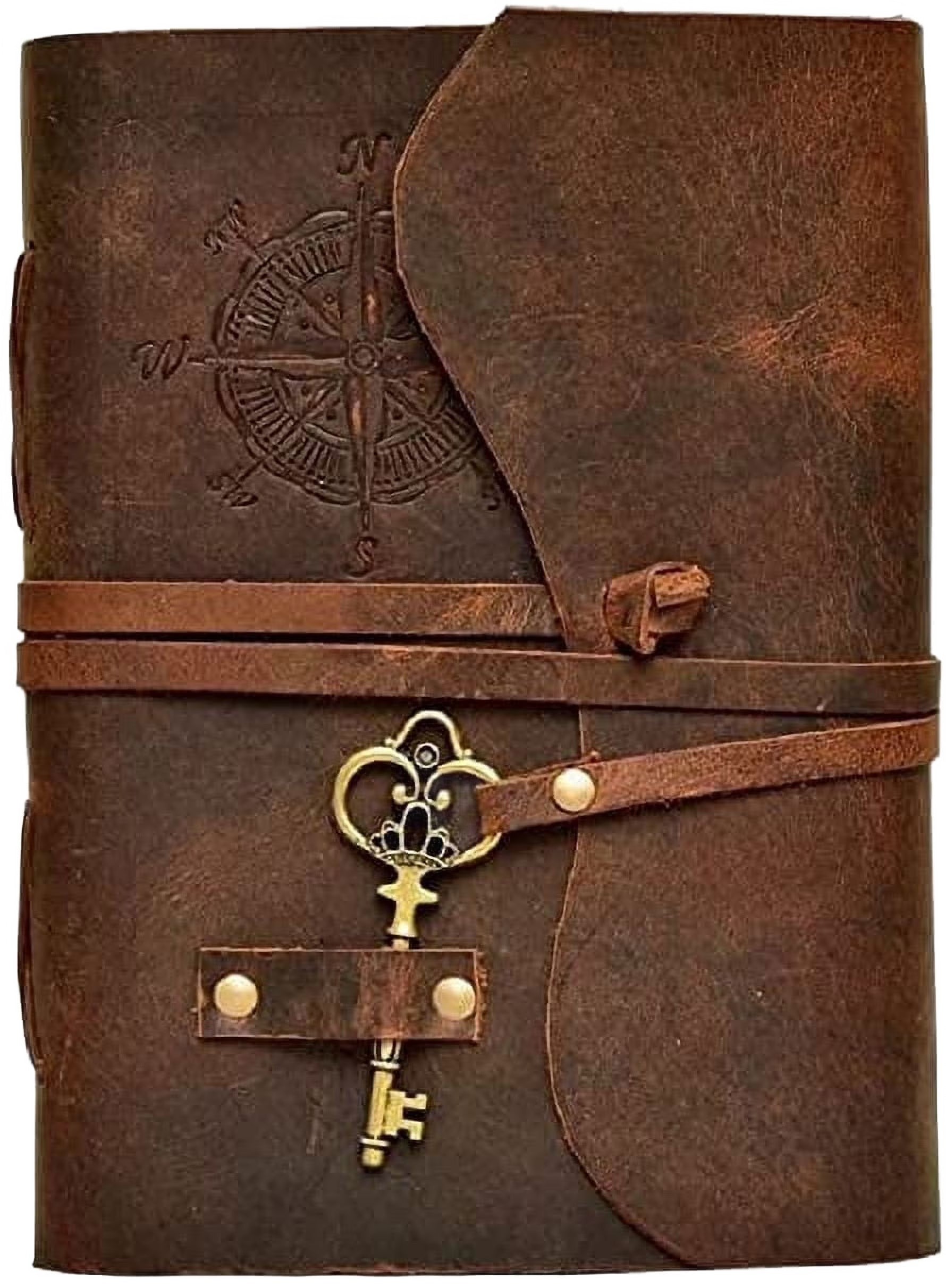 Antique Handmade Compass Vintage Leather Journal - Bound Journal with Deckle Edge Paper Diary - Leather Sketchbook - Drawing Journal Notebook - Great Gift Men and Women (6X8 Inch) (Background Removed)